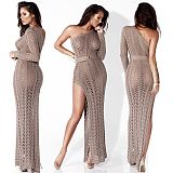 Women Sexy One Shoulder Long Sleeve Hollow Out Knitted High Slit Bodycon Maxi Club Party Beach Dress ZS-013