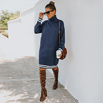 2021 Autumn Fashion Knitted Women Basic Long Sleeve High Neck Slim Patchwork Wool Warm Midi Dresses SN-11789