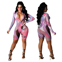 Summer Women Sexy Geometric Printed Mesh Long Sleeve Front Zipper Club Party Bodycon Rompers SMR-10333