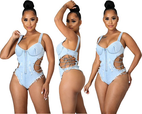 Summer Beach Party Sexy Sleeveless Washed Make Old Hollow Out Chain Lace Up Denim One Piece Swimwear LA-3281