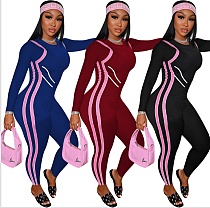 Fitness Striped Print O Neck Long Sleeve Jumpsuit OY-6306