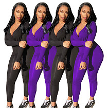 Solid V Neck Long Sleeve Skinny Jumpsuits NUOL-6091