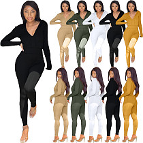 Hooded Deep V Neck Long Sleeve Bodycon Jumpsuits XUH-5067