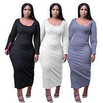 Long Sleeve U Collar Solid Plus Size Maxi Dress MQX-23585
