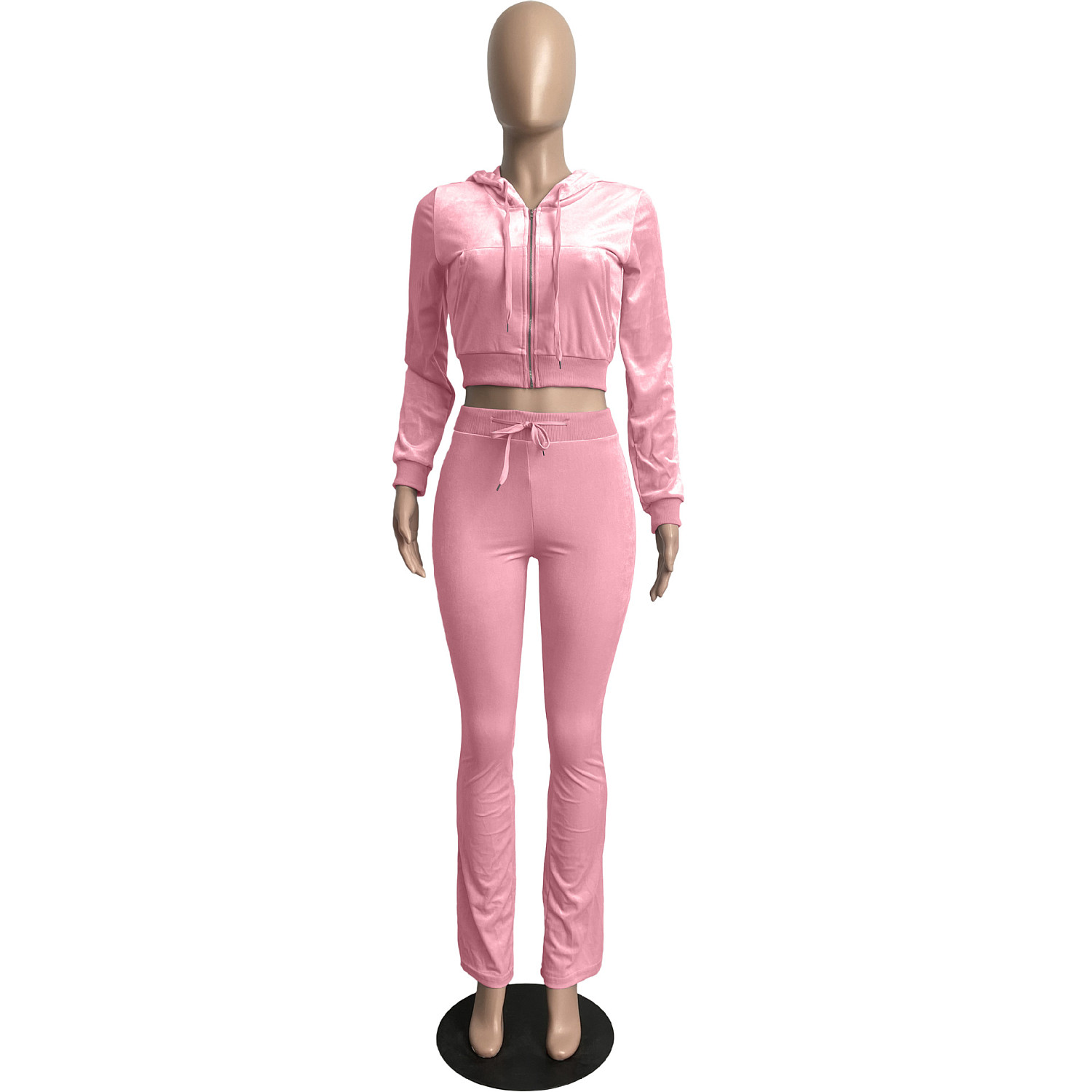 Rose-Secret | Wholesale Online Velvet Zip Hooded Crop Top Pants Suit ...