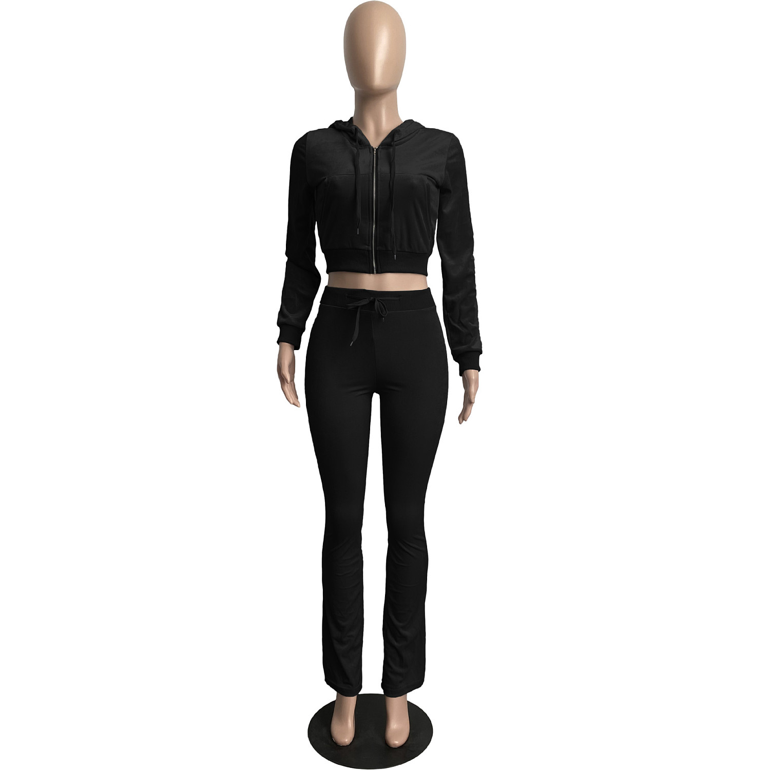 Rose-Secret | Wholesale Online Velvet Zip Hooded Crop Top Pants Suit ...