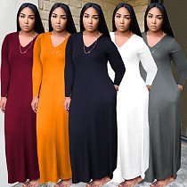 Solid V-Neck Long Sleeve With Pockets Maxi Dress QINGS-51041