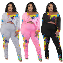 Splash Ink Drawstring T Shirt Stacked Pants Set OY-6309