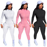 Knitted Long Sleeve Front Zipper Bodycon Jumpsuit