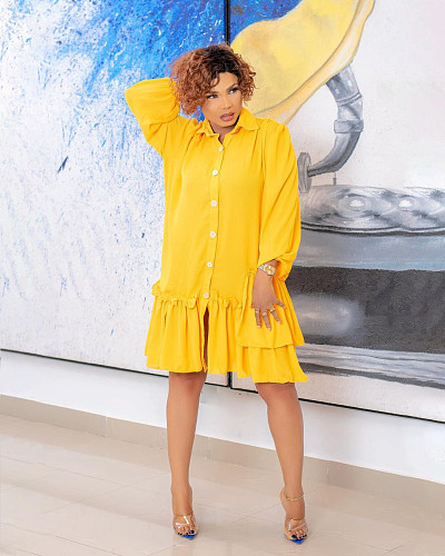 Pleated Lapel Button Up Solid Loose Ruffle Dress