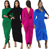 Solid Color Long Sleeve Pleated Ruched Maxi Dress