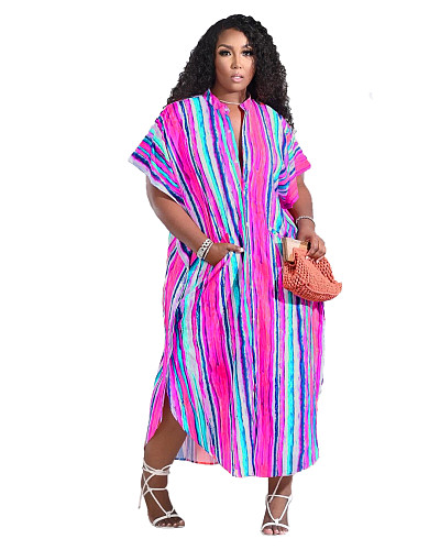Colorful Stripes Loose Pockets Single-breasted Dress