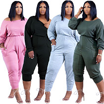 Solid Long Sleeve Trousers Pleated Jumpsuit