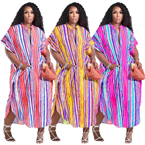 Colorful Stripes Loose Pockets Single-breasted Dress