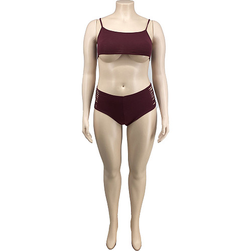 Womens Lingerie Open Crotch Swimsuit Solid Crop Top Hole Briefs Two-piece Bikini Set