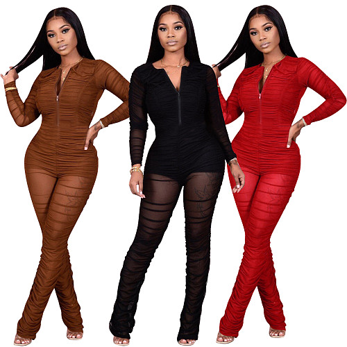 Mesh See Through Patchwork Pleated Jumpsuit