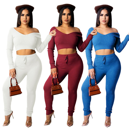 Solid V Neck Crop Top Lace Up Pants Set