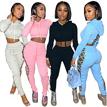 Hollow Out Bandage Hooded Crop Top Pants Set
