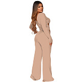 Solid Hollow Out High Waist Long Sleeve Jumpsuit