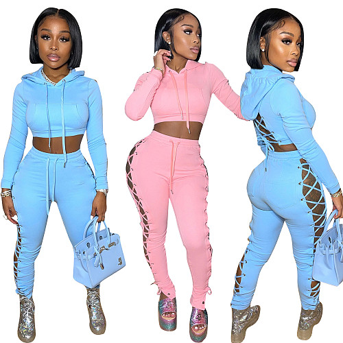 Hollow Out Bandage Hooded Crop Top Pants Set