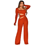 Solid Hollow Out High Waist Long Sleeve Jumpsuit