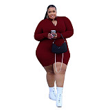 Solid Color Long Sleeve Front Zip Plus Size Dress