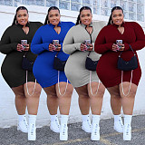 Solid Color Long Sleeve Front Zip Plus Size Dress