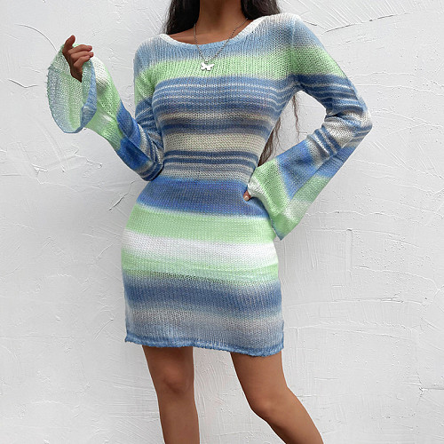 Backless Flared Sleeve Striped Sweater Dress