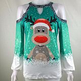 Christmas Elk Print Off Shoulder Loose T Shirt HZYY-165