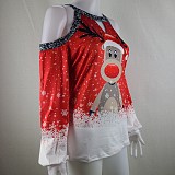 Christmas Elk Print Off Shoulder Loose T Shirt HZYY-165