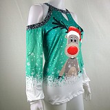 Christmas Elk Print Off Shoulder Loose T Shirt HZYY-165