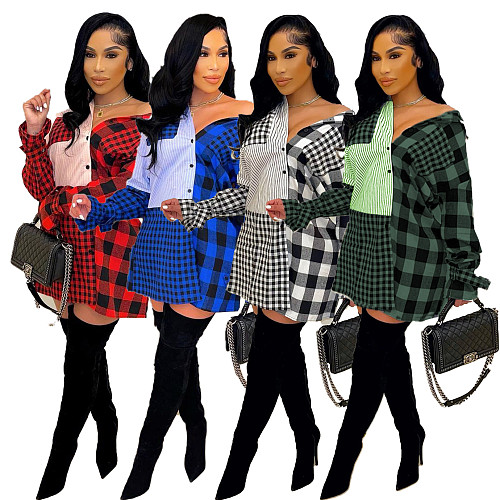 Plaid Block Patchwork Single-breasted Shirt Dress NM-8391