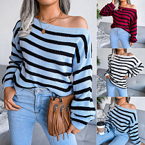 Off Shoulder Long Sleeve Loose Striped Knitted Sweater BJS-2047