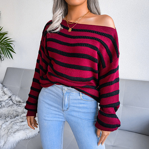 Off Shoulder Long Sleeve Loose Striped Knitted Sweater BJS-2047