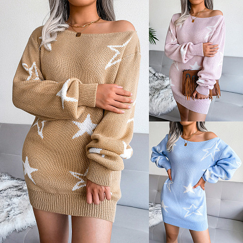 Off Shoulder Long Sleeve Loose Knitted Sweater Dress BJS-2052