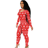 Christmas Print Hollow Out Long Sleeve Low Cut Jumpsuit MUE-3116