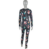 Christmas Print Hollow Out Long Sleeve Low Cut Jumpsuit MUE-3116