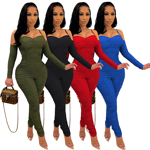 Spaghetti Straps Off Shoulder Bodycon Pleated Jumpsuit AIL-199