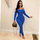 Spaghetti Straps Off Shoulder Bodycon Pleated Jumpsuit AIL-199