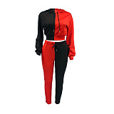 Contrast Color Hooded Crop Top And Pants Outfit MOY-8570