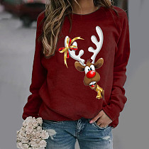Christmas Elk Print Long Sleeve O Neck T Shirt YX-0657