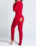 Christmas Solid V Neck Button Flap Pajamas Jumpsuit OYM-S140