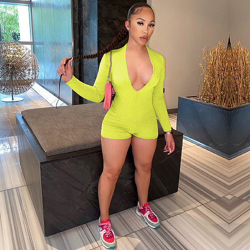XS Solid Knitted Low Cut Long Sleeve Bodycon Romper GS-00002