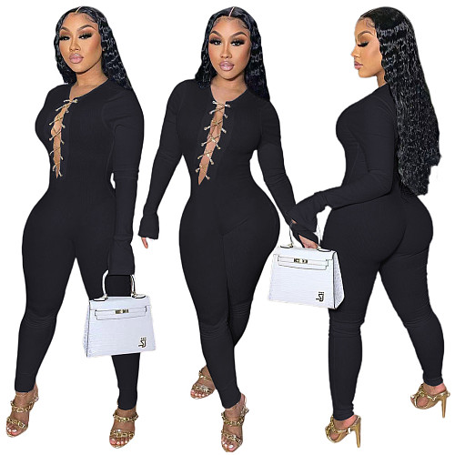 Lace Up With Chain Long Sleeve Bodycon Jumpsuit YD-8551