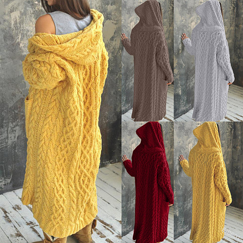 Hooded Solid Knitted Long Cardigan Twist Sweater Coat OYW-0601