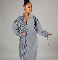 Striped Patchwork Single Breasted Shirt Dress AIBL-3008