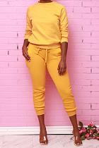 Solid O Neck Pullover T Shirt Lace Up Sweatpants Set SFY-171