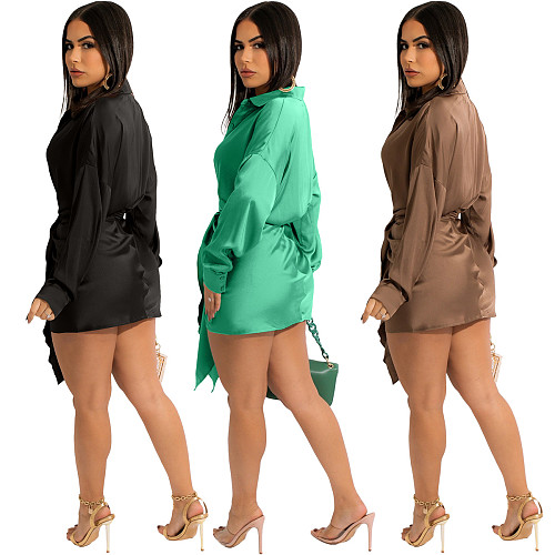 Turn Down Collar Pleated Ruched Lace Up Shirt Dress MIL-297