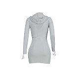 Solid Long Sleeve Zipper Hooded Knitted Bodycon Dress YD-8529