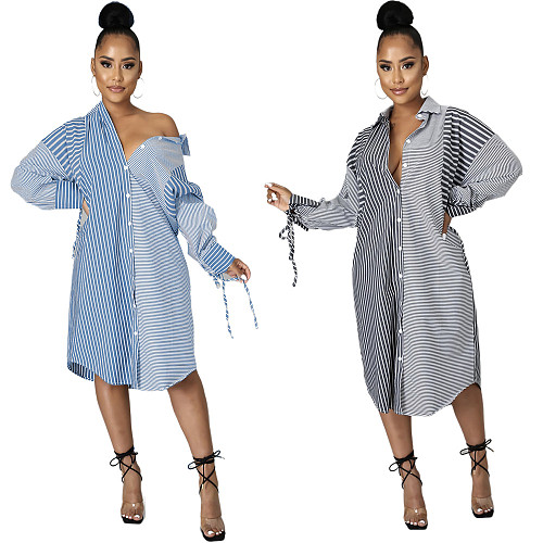 Striped Patchwork Office Ladies Loose Shirt Dress FSX-508